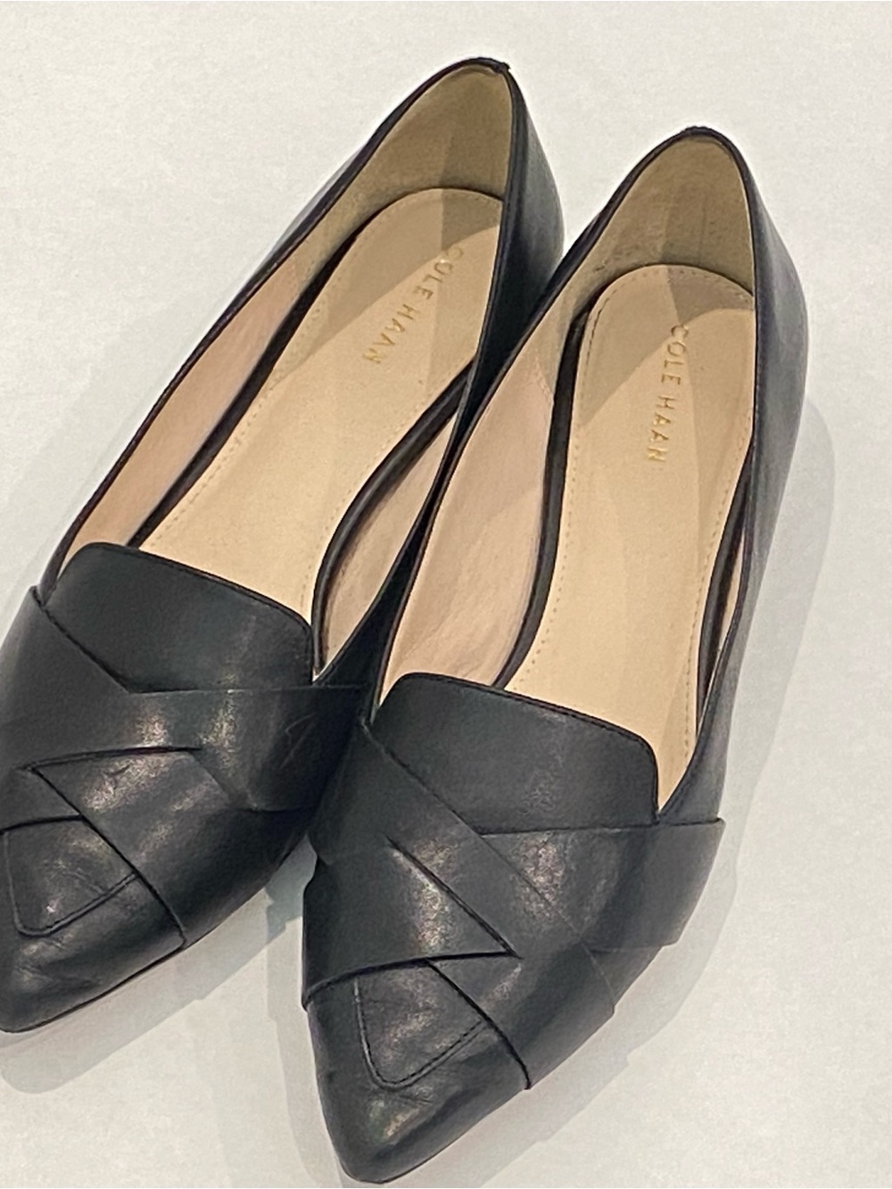 Cole Haan Black Pointed Leather Woven-Detail Flats